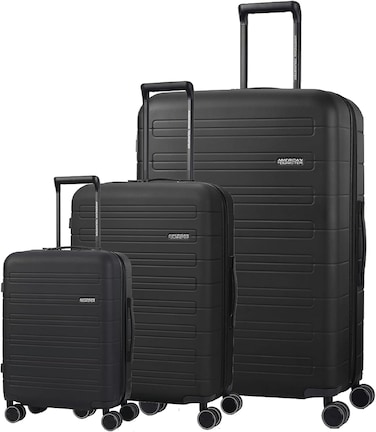 American Tourister Novastream Suitcase, Set of 3, (55 + 67 + 77 cm), 4 Spinner Wheels, Hard Top, Polycarbonate, Dark Slate,Divider Pad,Expandable,RPET,TSA Lock - 3 Years Global Warranty