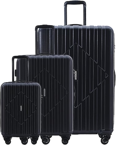حقائب سفر أمريكان توريستر سكاي تراك DW V2، طقم من 3 حقائب (55 + 68 + 79 سم)، 4 عجلات دوارة، غطاء صلب، بولي بروبيلين، أسود, قفل TSA, مادة مقاومة للخدش والصدمات - ضمان عالمي لمدة 3 سنوات
