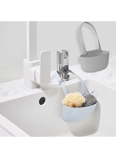 ChicAbode 2 Pack Sink Hanging Sponge Holder,Silicone Sink Caddy Shelf Soap Sponge Drain Bags Organizer, Sink Storage Accessories for Kitchen Bathroom Blue and Gray