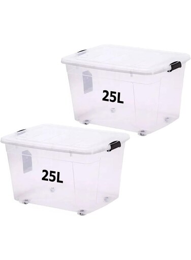 Storage Box 25 L With Lockable Lid &amp; Wheels Clear Plastic Organizer &acirc;&euro;&ldquo; 2 Pieces Transparent Boxes Storing Clothes, Toys, Tools, Medicine, Office Supplies, Documents, Arts &amp; Crafts, Kitchen Etc.