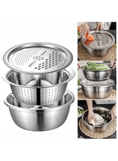 Dubai Gallery 3Pcs/Set Grater Strainer Sieve Basin Washing Bowl Set Vegetable Cutter Stainless Steel Kitchen Tool For Knead Dough Salad Multicolor 28X28X28Cm
