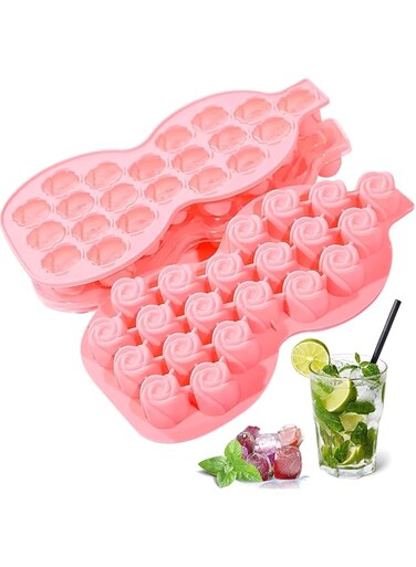 AMERTEER Ice Cube Tray - Ice Molds Silicone Ice Tray With Removable Lid - Easy-Release Flexible Rose Ice Cube Molds 21 Cubes Per Tray For Cocktail, Whiskey, Baby Food, Chocolate, BPA Free 1Pcs (Pink)