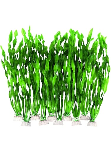10 Pack Large Artificial Plastic Aquarium Plants, Fish Tank Accessories Decorations Plants with the Pedestal, Realistic Aquarium Seaweed Plant Decor, No Harm, No Fading (Green)