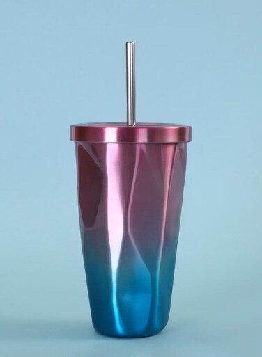 Steel Tumbler with Straw - Wim Hot and Cold Double Wall Drinking Cups Coffee Mugs Ice Cups 16oz/500ml Irregular Diamond with Lid- Red &amp; Blue