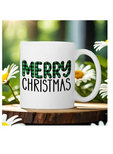 Ceramic Christmas Coffee Mug - Insulated Reusable Festive Cup for Men and Women - Merry Christmas Green Plaid Design - Suitable for Various Beverages