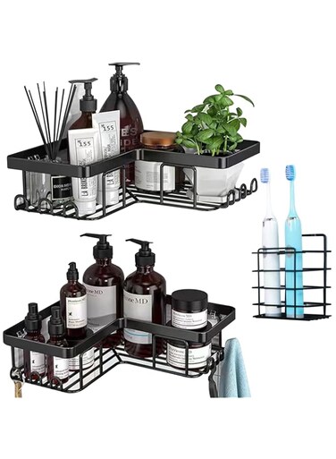 Beauenty Corner Adhesive Shower Caddy Shelves with Toothbrush Holder and 12 Hooks, Rustproof Stainless Steel Bathroom Organizer, No Drilling Wall Mounted Rack, Black (C)