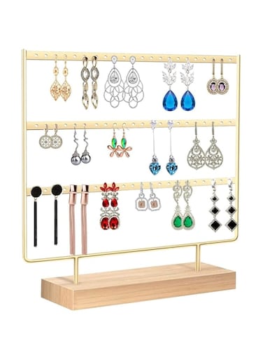 Benting Earrings Organizer Jewelry Display Stand, 3-Tier Earring Holder Rack for Hanging Earrings, Metal and Wood Basic Large Storage Earring Jewelry Display Tree WIith Wood Stand (Gold)