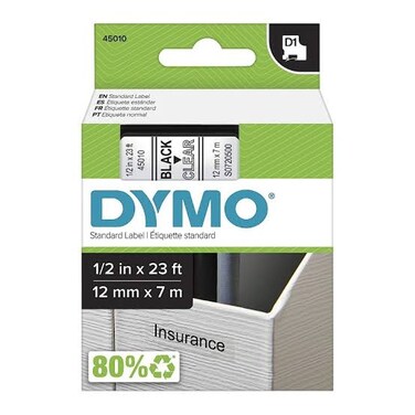 DYMO D1 45010 Labeling Tape UAE &ndash; 12MM x 7M, Black Print on Clear Tape   S0720500