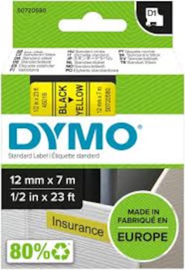 DYMO Standard D1 45018 Labeling Tape Black Print on Yellow Tape &ndash; 12mmx7mm   S0720580