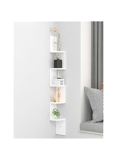 KUTIS 5 Tier MDF Contemporary Corner Shelves Zigzag Decorative Shelf, Easy-To-Assemble Floating Wall Mount Shelves For Bedrooms And Living Rooms (White)
