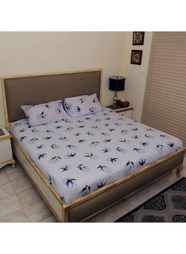 Design 3 Piece Hometex Design 100% Cotton King Size Printed Flat Sheet Set HIRON - 1 Flat Sheet (240x260 cm) + 2 Pillow Covers (50x80 cm)