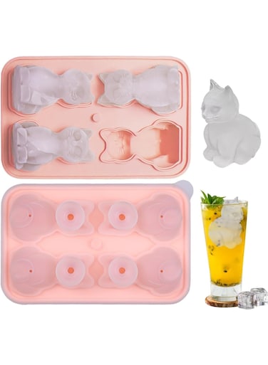 Silicone Ice Cube Tray with Funnel-type Lid, 4 Hole Fun Cat Shapes Cute Ice Molds for Cocktails, Slow Melting Large Ice Cube Molds, Reusable Ice Ball Maker, for Whiskey, Wine, Juice, Pink