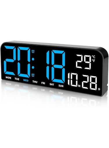 Padom Digital Wall Clock, 9.6&rdquo; LED Large Digital Alarm Clock with Remote Control, 3 Inch Font, Desk Modern Electric Wall Clock for Living Room Bedroom Garage Decor Teens Elderly (BLACK-Blue)