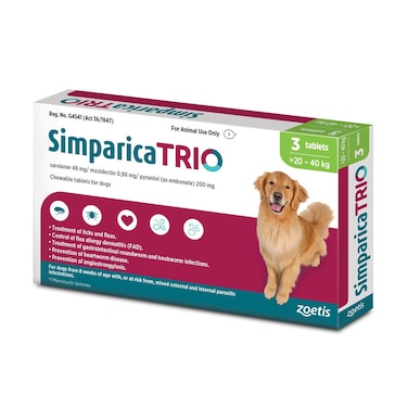 Zoetis Simparica TRIO the Complete Flea, Tick, and Heartworm Prevention for Dogs 20-40 kg ( 3 Chewable Tablets)