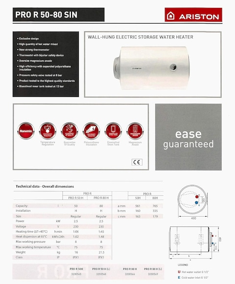Ariston Electric Water Heater 50 Litter Horizontal Pro-R Italy