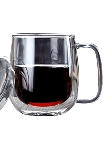 350ML Borosilicate Double Wall Glass Tea Coffee Cup with Handle and Glass Lid Clear 350ml