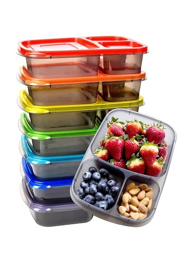 Youngever 7 Pack Bento Lunch Box, Meal Prep Containers, Re-usable 3 Compartment Plastic Divided Food Storage Container (Rainbow)