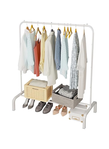 RR-INTL Metal Clothing Rack, 43.3 Inches Garment Rack with Bottom Shelf for Hanging Clothes, Coats, Skirts, Shirts, Sweaters (White)