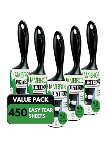 HAMBROZ Lint Roller Value Pack OF 5, All Purpose Lint brush with Extra Sticky Sheets (5 Rollers, 90 Sheets Per Roller) Total 450 Sheets Kitchen, Clothing, Furniture and Pet hair Remover