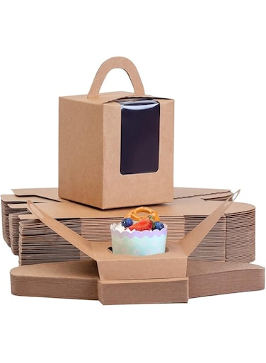 25 Pcs Brown Cupcakes Containers Gift Boxes with Window Inserts Handle for Wedding Candy Boxes (Brown)