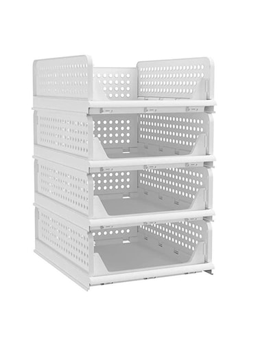Stackable Plastic Storage Basket-Foldable Closet Organizers Storage Bins 4 Pack-Drawer Shelf Storage Container for Wardrobe Cupboard Kitchen Bathroom Office (4 Pack-S)