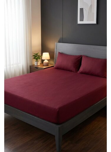 Cotton 3-Piece Microfiber Double Fitted Sheet Set &acirc;&euro;&ldquo; Maroon Striped 150 x 200 cm with Full Elastic &amp; 2 Pillowcase