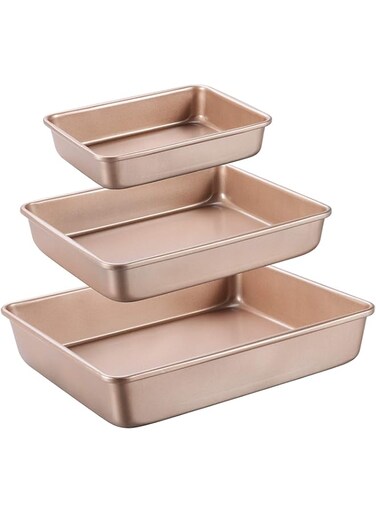 AUTOYSUR Deep Baking Pans Sets Nonstick,Baking Sheets for Oven,Bakeware Rectangular Cake Pan Set,3 Piece,Gold