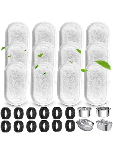 X spring Cat Water Fountain Replacement Filters, 12 Cat Fountain Filter Replacement with Sponges, Cat Water Fountain Filters for 108/3.2L and 67oz/2L Stainless Steel Pet Water Dispenser