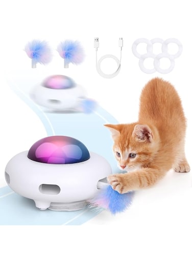URbazaar Interactive Cat Toys for Indoor Pet, Automatic Exercise Toys with Feather 3 Adjustable Modes USB Rechargeable Cat Activated Feather Teaser Toy（White)