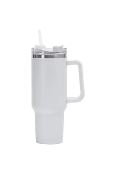 40oz tumbler with lid, straw &amp; handle. Vacuum insulated for hot or cold drinks. Great for travel
