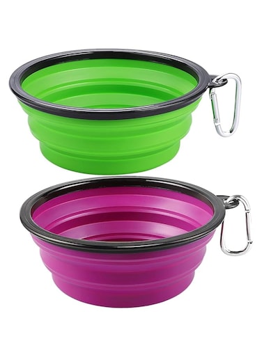 Kytely Large Collapsible Dog Bowls 2 Pack, 34oz Foldable Dog Travel Bowl, Portable Dog Water Food Bowl with Clasp, Pet Cat Feeding Cup Dish for Traveling, Walking, Parking (Green+Purple)