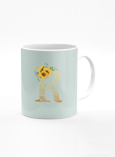 Designer Printed Coffee Mug 11oz Ceramic Personalised Gift Mugs Cup Custom Monogram Initial Letter Mandala Floral Pattern Alphabet R (Light Green)
