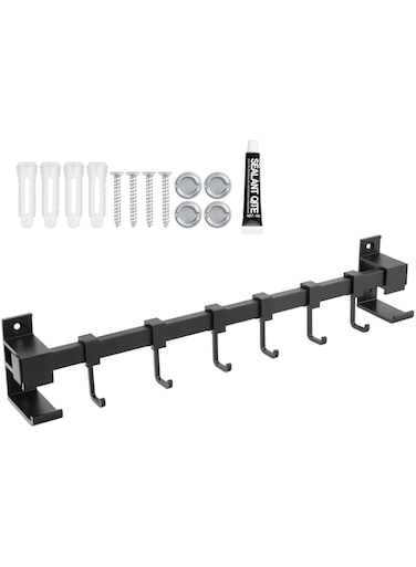 Kitchen Utensil Hanging Rack Rail with 6 hooks, Wall Mounted Adhesive Hooks Rack, Wall Mounted Utensil Rack, No Drilling, Self Adhesive for Hanging Mug, Cup, Pots, Pans, Scissors, 40cm, Black