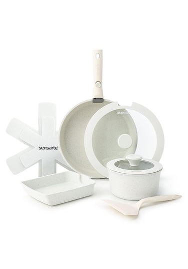 9 Piece Detachable Swiss Granite Coating Cookware Set, Non-Stick, PFOA/PFOS/APEO Free, 1X26Cm Frying Pan With Lid, 1X20Cm Sauce Pan With Lid, 1X28Cm Grill Pan, 2 Xstorage Mats, 1 Spatula, 1 Handle - White