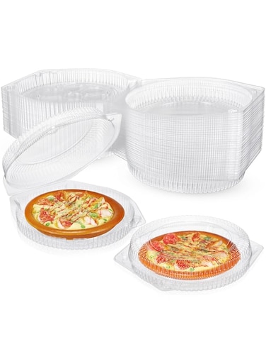 TERRIFI 100 Pcs 6.7" Plastic Disposable Pie Containers with Hinged Locking Lids, Clamshell Flan Cake Container for Food Transport