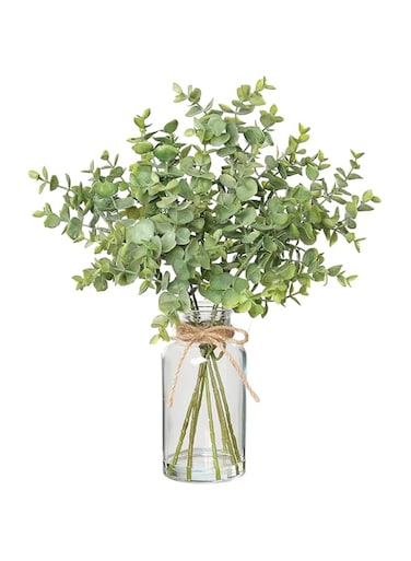 Angju Fake Eucalyptus Stems in Glass Vase with Faux Water,38cm Artificial Plants Eucalyptus Leaves for Shelf Desk Bathroom Farmhouse Room Coffee Table Home Decor