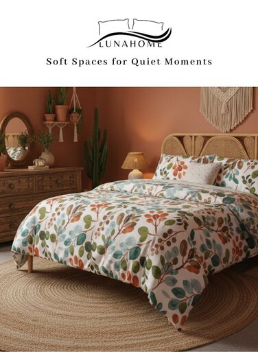 Home Queen Size 6 Pieces: 1 Duvet cover - 200*230cm.; 1 Flat sheet - 230*250cm.; 4 Pillow covers - 50*75cm. Without Filling, green leaves pattern Bedding Set