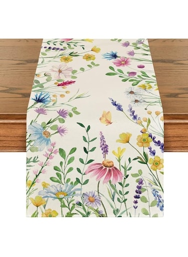 Aputue Spring Table Runner, 33x183cm Wildflowers Floral Spring Table Runner, Farmhouse Rustic Holiday Kitchen Dining Table Decoration for Indoor Outdoor Dinner Home Party