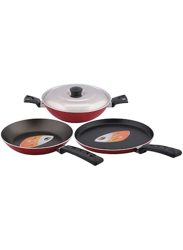 Bajaj Nirlep Electricals, Aspa Gift Set, Non Stick Set of Flat Tawa, Fry Pan &amp; Kadhai with Lid, Flat Tawa 26 Cm, Fry Pan 24 Cm &amp; Kadhai 24 Cm, SAGS10
