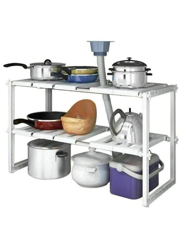 Adjustable Under Sink Storage Shelf Organizer, 2 Tier Kitchen Cabinet Shelf Rack, Stainless Steel &amp; Plastic Multifunction Sink Organizer, Height Adjustable 50-70x26x38cm, Space Saving Cabinet Storage Solution