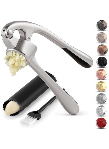Premium Garlic Press Set - Rustproof and Dishwasher Safe - Professional Garlic Mincer Tool - Easy to Squeeze, Easy to Clean - Soft, Ergonomic Handle - Includes Silicone Garlic Peeler and Brush - Silv