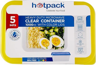 Heavy Duty Clear Microwave Container 1000ml with Multicolour Lids, 5 Sets