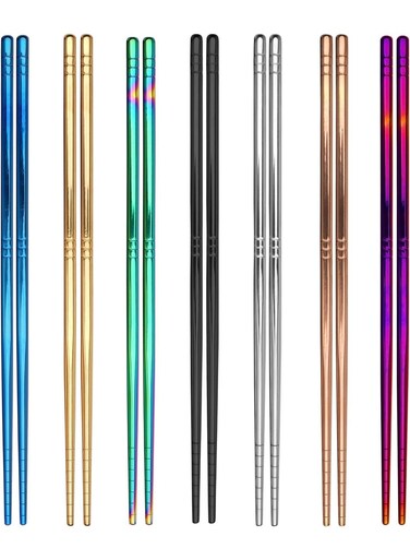 Pairs Metal Chopsticks, 7 Colors Reusable Stainless Steel Chopsticks, 13 Rings Pattern Non-slip Dishwasher Safe Chop Sticks, Square Lightweight Chopsticks, 8.9 Inches