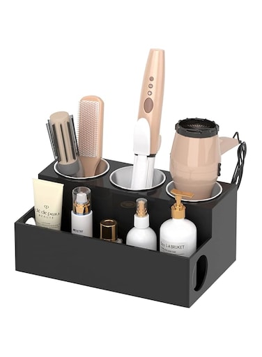 Hair Tool Organizer, Acrylic Storage for Hair Dryer and Styling Tools with 3 Circular Holes and 1 Compartment, Bathroom Countertop Organizer for Accessories, Makeup, and Toiletries