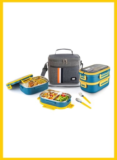 Creation YAH Premium Stainless Steel Bento Lunch Box with Lunch Bag, 2-Layer Leakproof Food Container (1.65L) with Stainless Steel Cutlery &amp; Insulated Thermal Bag, Durable &amp; Stylish for Work &amp; School. Blue &amp; Yellow