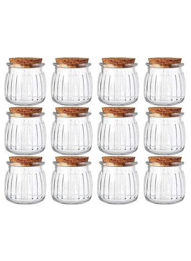 7oz 12Pack Glass Jars with cork cover Mini Pudding Jars Clear Yogurt Jars Glass Favor Jars Containers for Spice, Jam, honey, Mousse, Wedding Favors