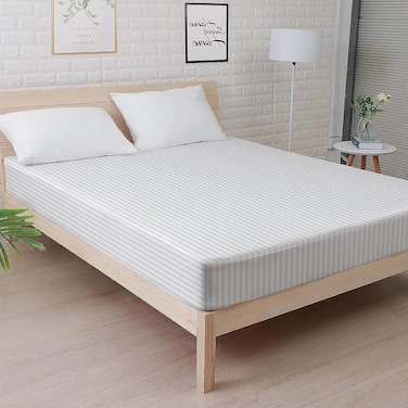MUSA&Acirc;&reg; Striped Fitted Sheet - Soft, Breathable Cotton with Deep Pockets (White, 160 x 200cm)