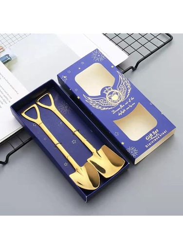 M&amp;J&amp;DELEE M&amp;J 2 Pack Creative Retro Shovel Coffee Spoon Stainless Steel Dessert Spoon, Watermelon Shovel, Ice Cream, Gourmet Spoon (Golden)