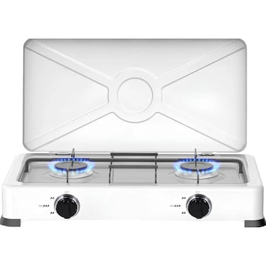 Portable Double Burner Gas Stove with Lid, Enamel Grill, High Flame Efficiency Cooktop