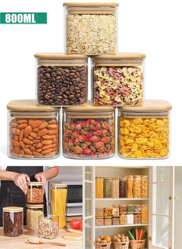 Glass Storage Containers with Lids Glass Jars with Lids Clear Food Storage Jar Square Canister Set of 6 Pantry Organizers and Storage for Flour Oat Pasta Tea Cookie Coffee Bean (6pcs-800ml)